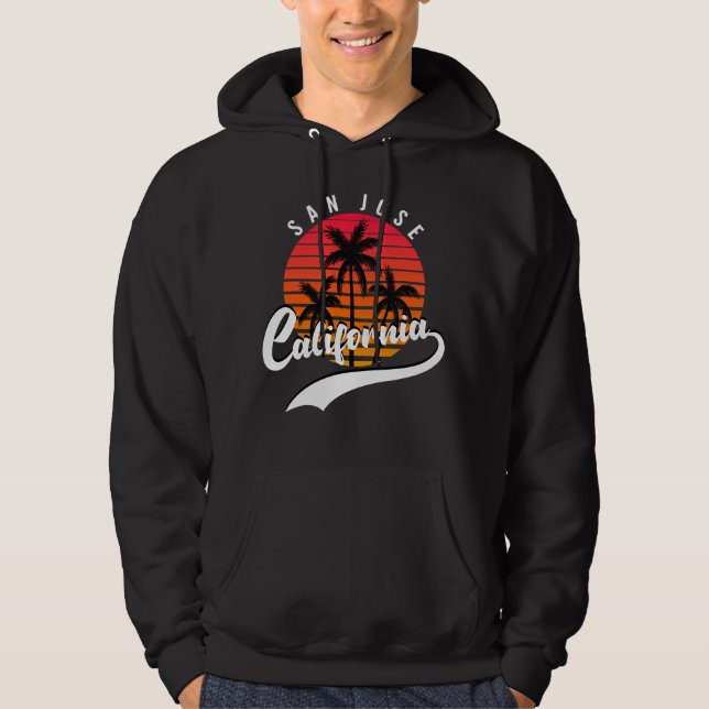 San Jose Retro Sunset And Palm Trees Black Hoodie (Front)