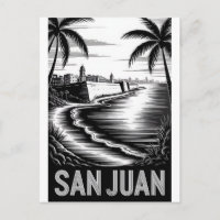 San Juan Puerto Rico Black White Woodcut Skyline