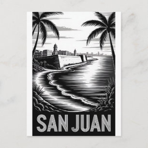 San Juan Puerto Rico Black White Woodcut Skyline Holiday Postcard