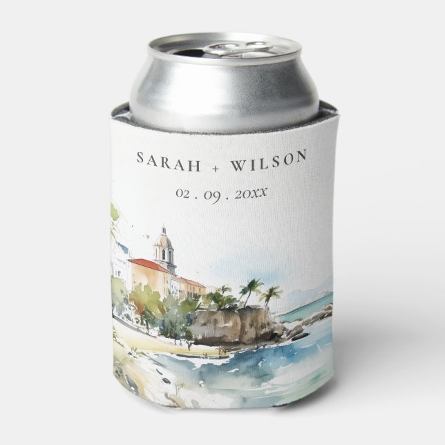 San Juan Puerto Rico Watercolor Landscape Wedding Can Cooler (Can Front)