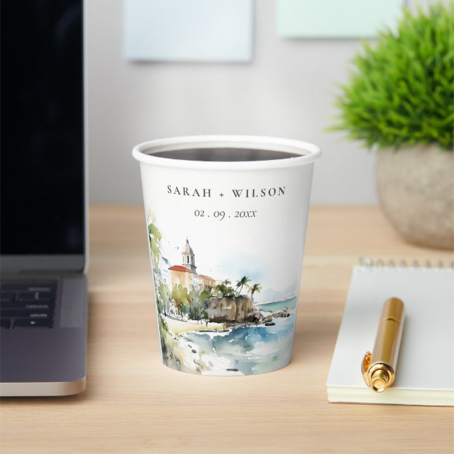 San Juan Puerto Rico Watercolor Landscape Wedding Paper Cups (Insitu)