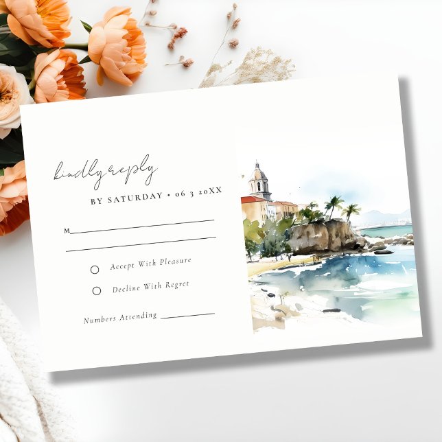 San Juan Puerto Rico Watercolor Landscape Wedding RSVP Card (Creator Uploaded)