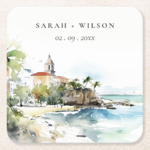 San Juan Puerto Rico Watercolor Landscape Wedding Square Paper Coaster