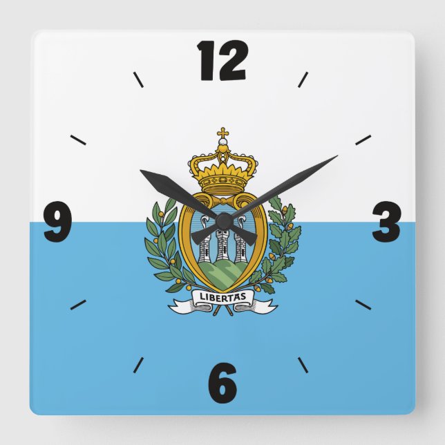 San Marino Flag Numbers Blue White Coat Of Arms Square Wall Clock (Front)
