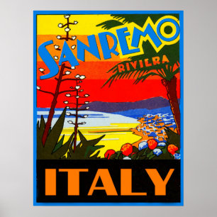 San Remo riviera, Italy, vintage travel poster