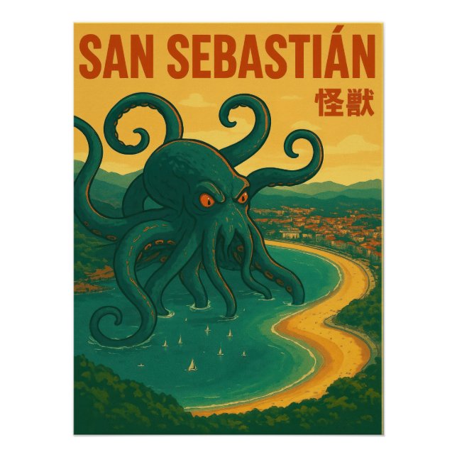 San Sebastian Octopus Attack Vintage Travel Poster (Front)