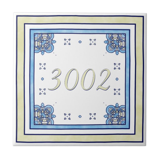 Sand and Blue Small House Number Ceramic Tile (Front)
