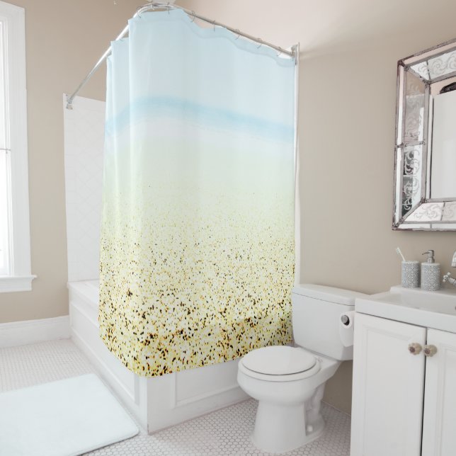 Sand and Sea Calm Coastal Shower Curtain (In Situ)
