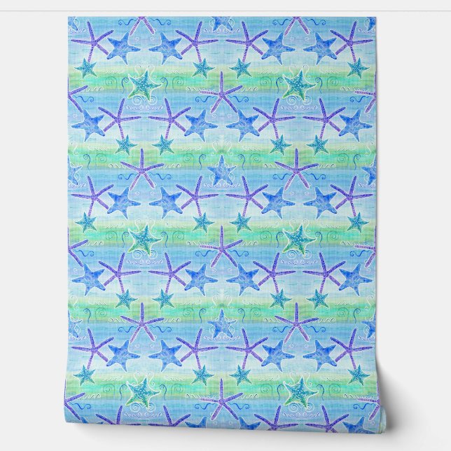 Sand and Sea Watercolor Starfish Blue Green Purple Wallpaper (Unrolling)