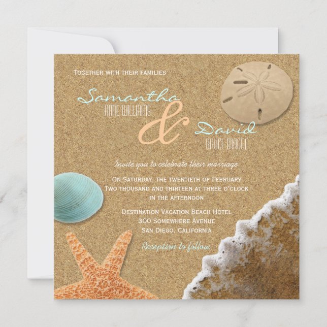 Sand and Shells Beach Square Wedding Invitation (Front)