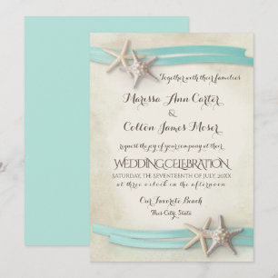 Sand and Starfish Aqua Ribbon Invitation