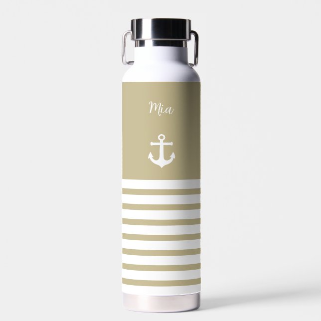 Sand and White Stripes Nautical Personalised   Water Bottle (Front)