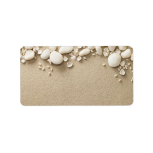 Sand, Beach Background with Shells and Stones Label