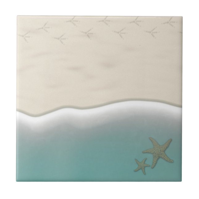 Sand Beach Ocean and Starfish Ceramic Tile (Front)