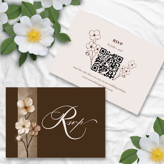 Sand Beige Hand Drawn Floral QR Code RSVP Card (Creator Uploaded)