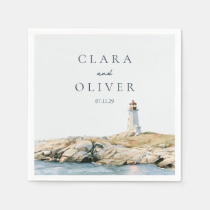 Sand Beige Lighthouse Cocktail Hour Beach Wedding Napkin