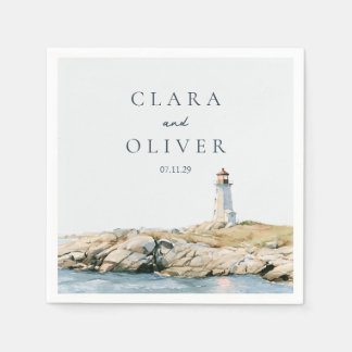 Sand Beige Lighthouse Cocktail Hour Beach Wedding  Napkin