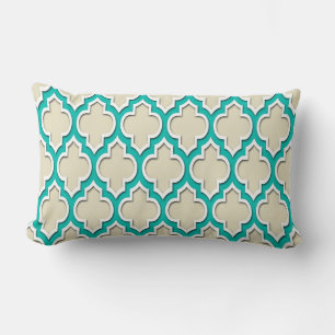 Sand Beige Teal White Moroccan Quatrefoil #4DS Lumbar Cushion