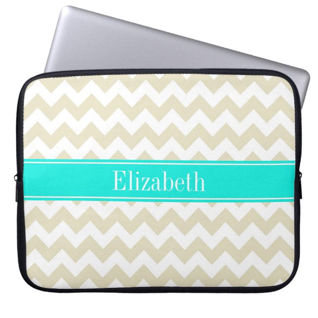 Sand Beige White Chevron Bright Aqua Name Monogram Laptop Sleeve (Front)