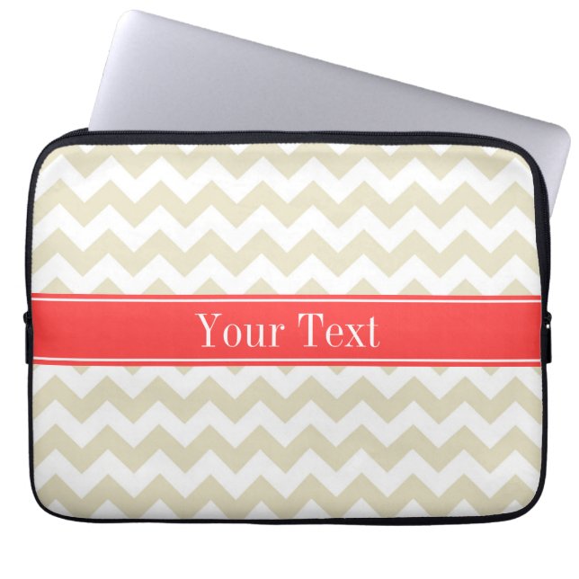 Sand Beige White Chevron Coral Red Name Monogram Laptop Sleeve (Front)