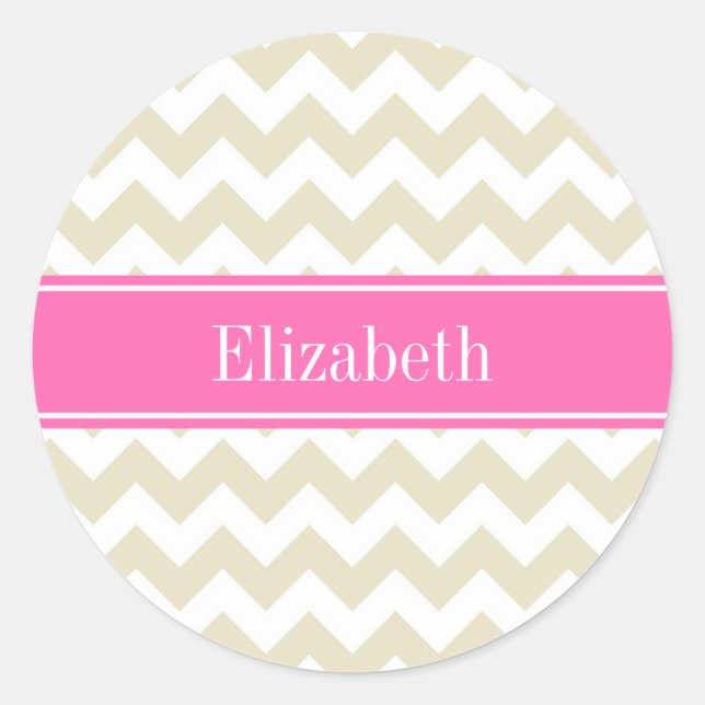 Sand Beige White Chevron Hot Pink #2 Name Monogram Classic Round Sticker (Front)