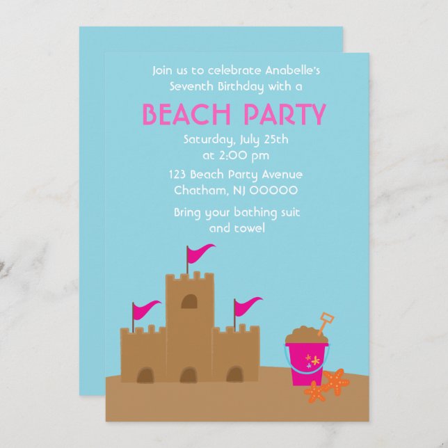 Sand Castle Beach and Summer Birthday Party Invitation (Front/Back)