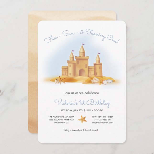Sand Castle Beach Birthday Party Invitation (Front/Back)