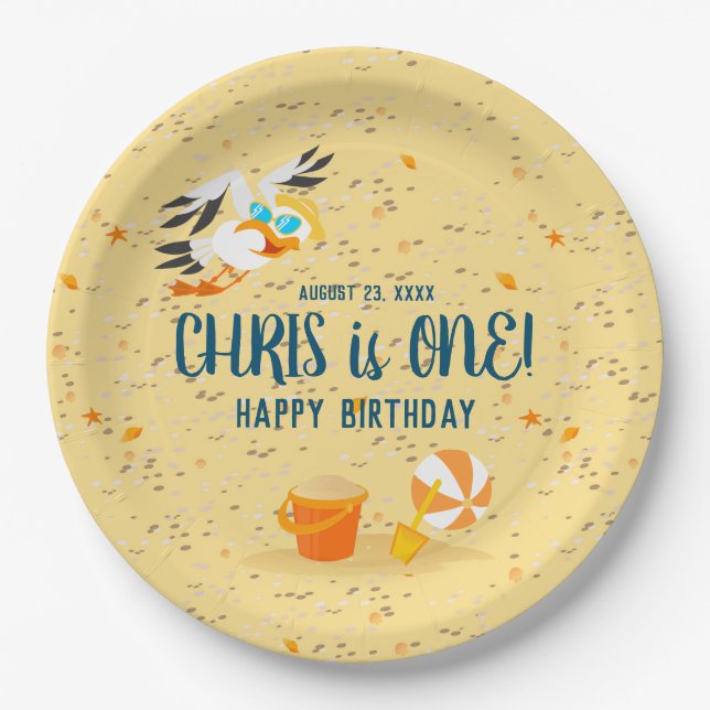 Sand castle beach fun baby boy birthday party paper plate (Front)