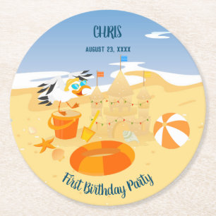 Sand castle beach fun baby boy birthday party round paper coaster