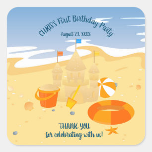 Sand castle beach fun baby boy birthday party square sticker