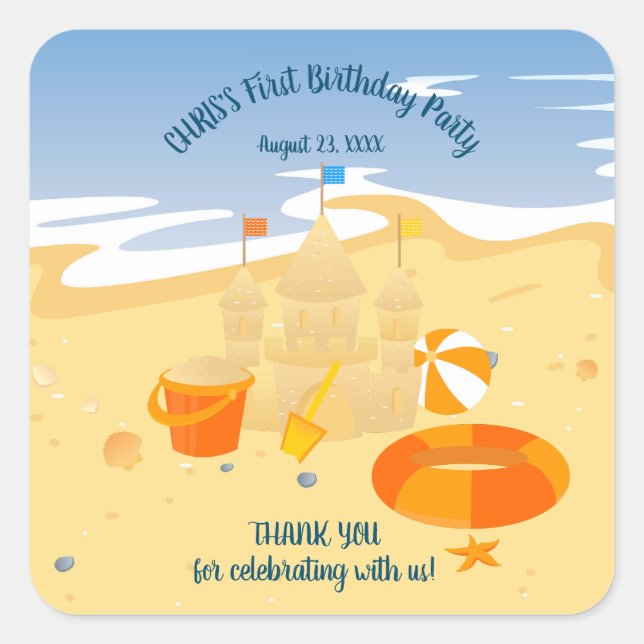 Sand castle beach fun baby boy birthday party square sticker (Front)