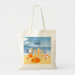 Sand castle beach fun baby boy birthday party tote bag
