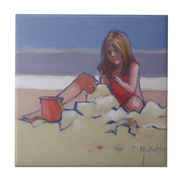 Sand Child Cute little girl playing on beach Ceramic Tile (Front)