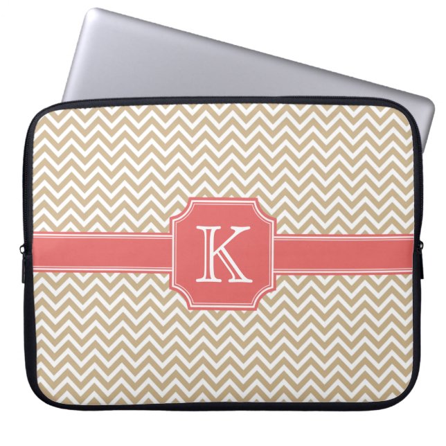 Sand Colour Chevron Pattern Red Monogram Laptop Sleeve (Front)