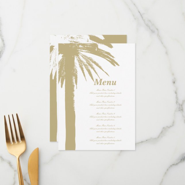 Sand colour palm tree beach wedding menu template (Front/Back In Situ)