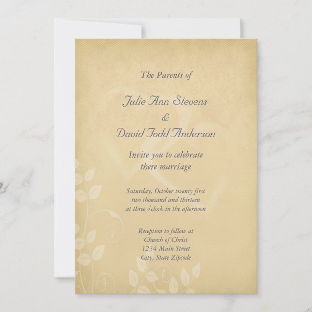 Sand Colour Vintage Hearts Wedding Invitation (Front)