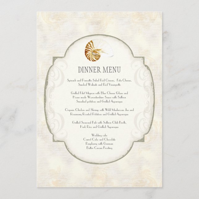 Sand Damask Nautilus Shell Ocean Beach Nautical Menu (Front)