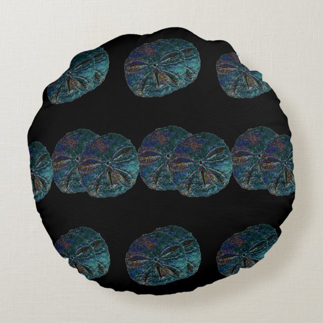 Sand Dollar Abstract Artsy Blue Black Gift Favour Round Cushion (Back)