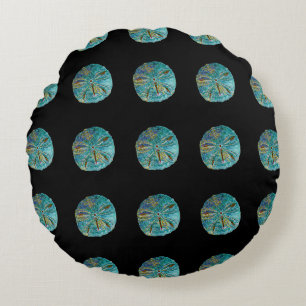 Sand Dollar Abstract Pattern Gift Favour Teal Blac Round Cushion