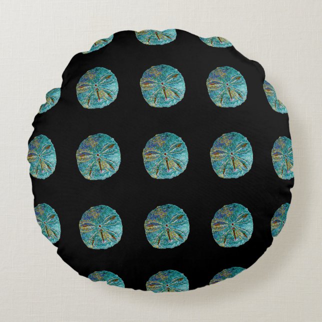 Sand Dollar Abstract Pattern Gift Favour Teal Blac Round Cushion (Front)