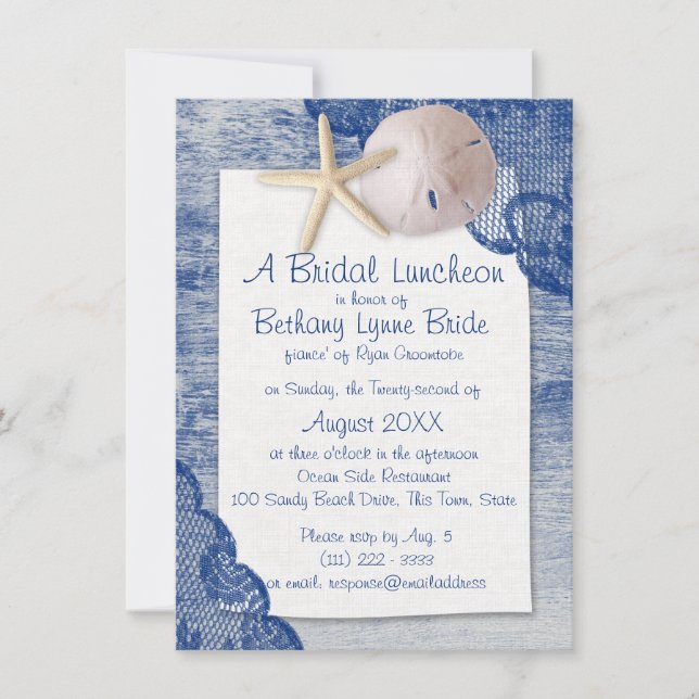 Sand Dollar and Lace Blue Bridal Shower Invitation (Front)