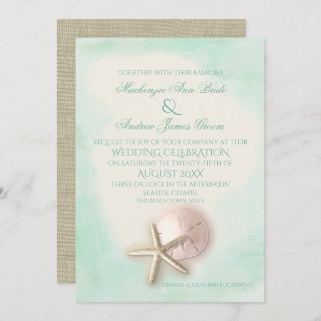 Sand Dollar and Starfish Aqua Mint Wedding Invitation (Front/Back)
