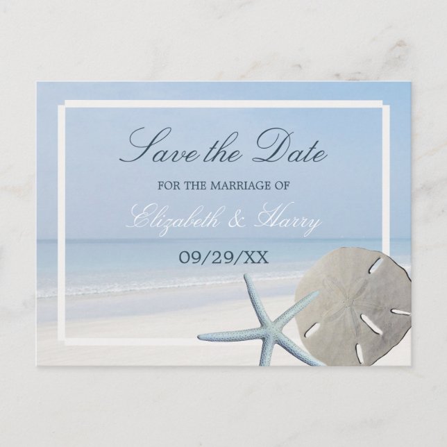 Sand Dollar and Starfish Beach Save The Date Announcement Postcard (Front)