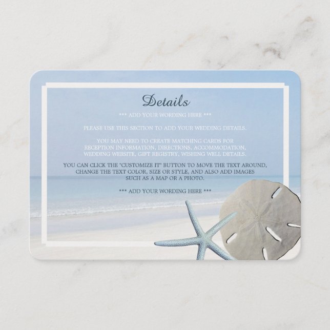 Sand Dollar and Starfish Beach Wedding Detail Enclosure Card (Front)
