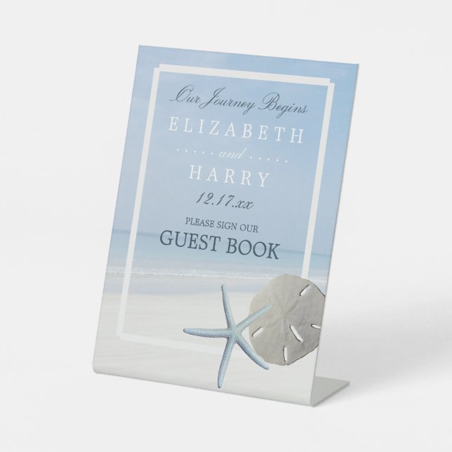 Sand Dollar and Starfish Beach Wedding Pedestal Sign (Front)