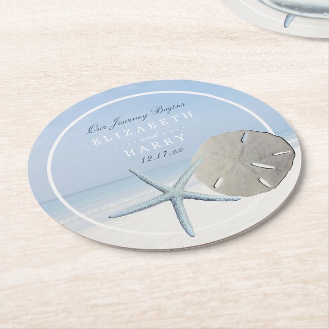 Sand Dollar and Starfish Beach Wedding Round Paper Coaster (Angled)