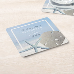 Sand Dollar and Starfish Beach Wedding Square Paper Coaster