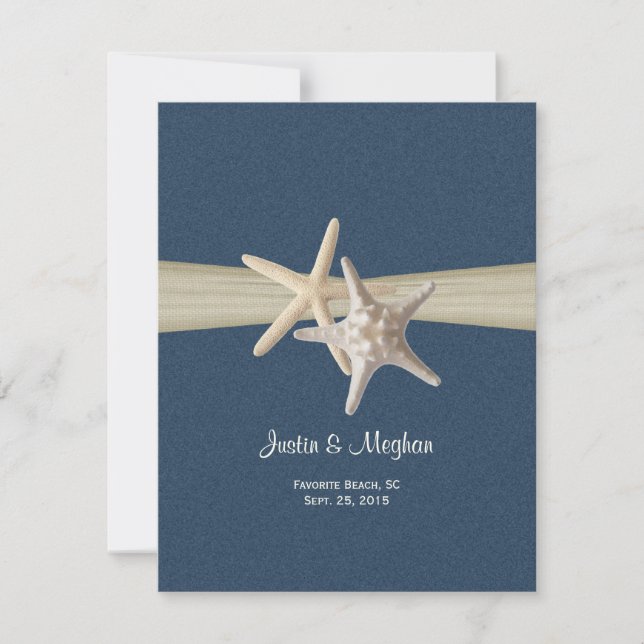 Sand Dollar and Starfish Blue Burlap Reception Invitation (Front)
