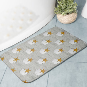 Sand Dollar and Starfish on Driftwood Background Bath Mat