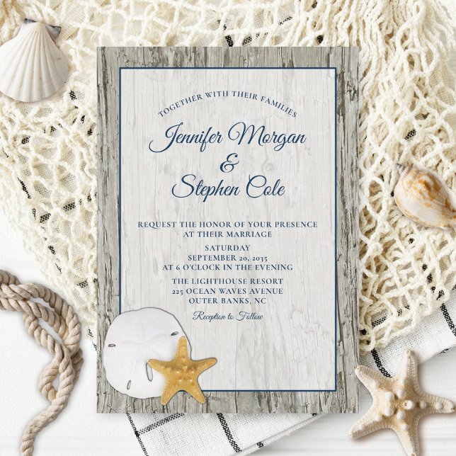 Sand Dollar and Starfish Rustic Driftwood Wedding Invitation (Creator Uploaded)